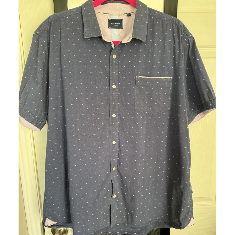 7 Diamonds Short Sleeve Mens Button Down Chambray Shirt Stretch Navy Sz XL